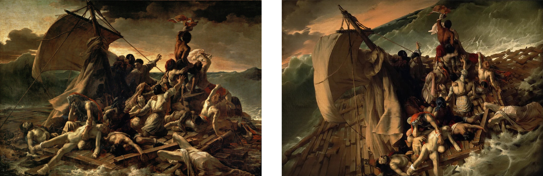 على اليسار اللوحة الأصلية The Raft of the Medusa لـ Géricault، وعلى اليمين حين تُميل الكاميرا نحو الجهة اليسرى