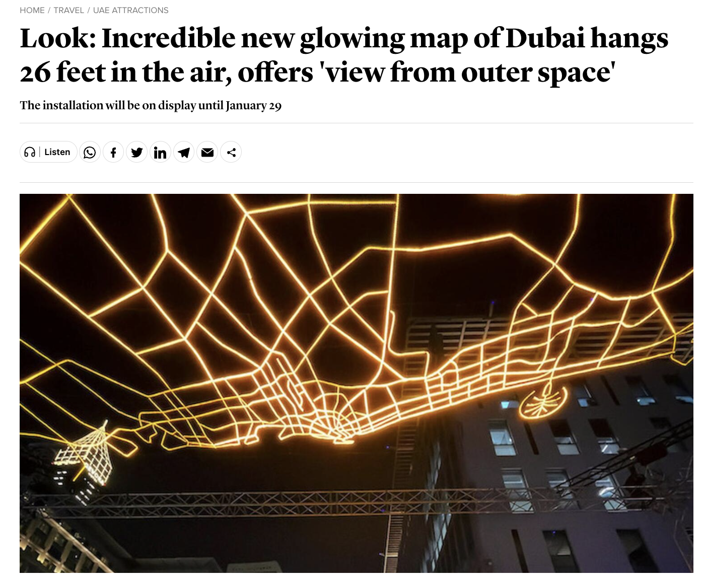 Khaleej Times: Mira: un increíble nuevo mapa luminoso de Dubái cuelga a 26 pies de altura y ofrece una «vista desde el espacio exterior»